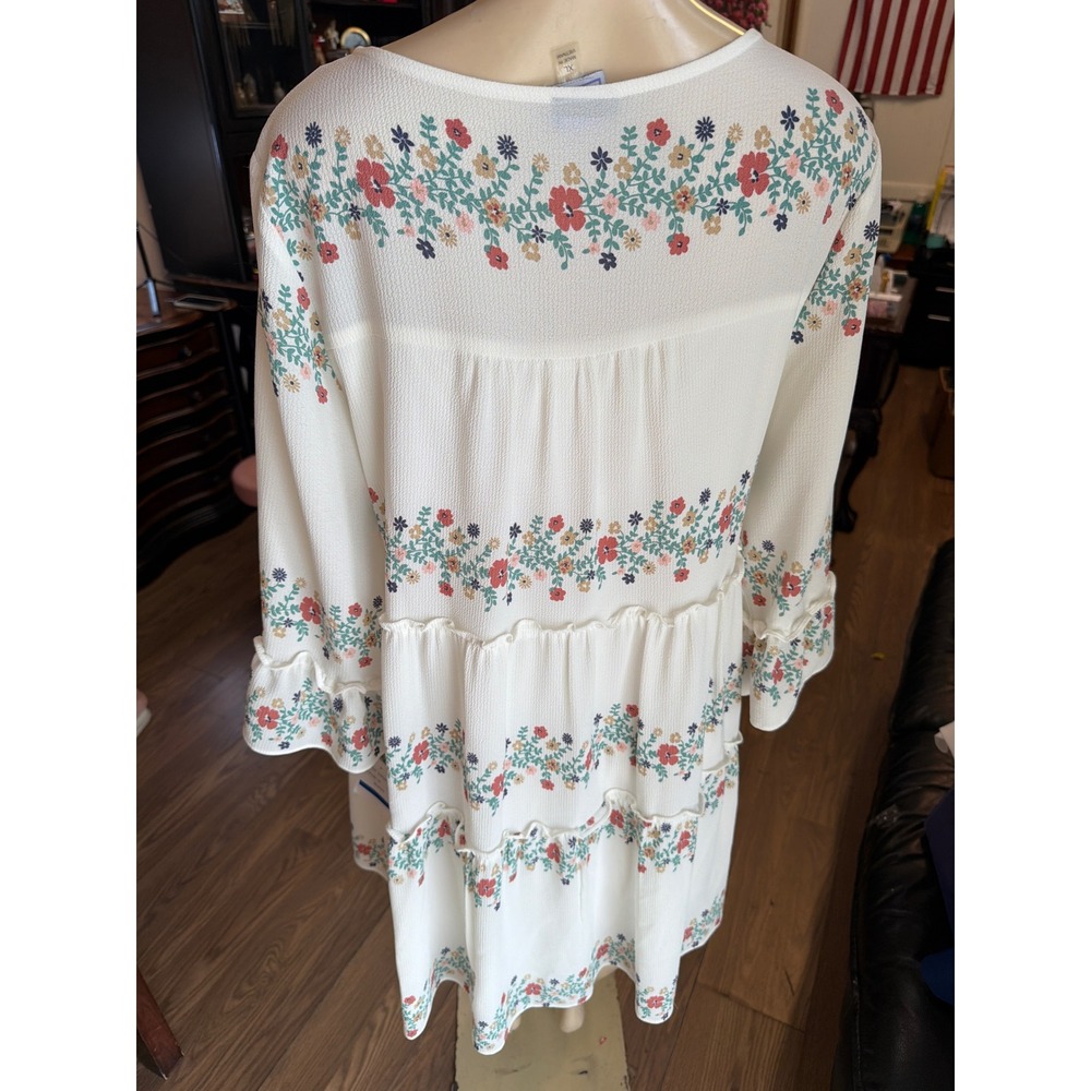 VIVI by Violet Weekend Ivory Floral Tiered Babydoll Dress XL Boho Ruffle Sleeve - Picture 4 of 7
